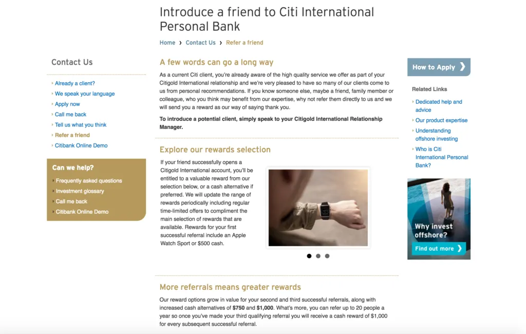 Citibank International's "Refer a Friend" webpage, detailing referral benefits and rewards, with sections for contact options, reward selection, and related links, accompanied by images showcasing the rewards.