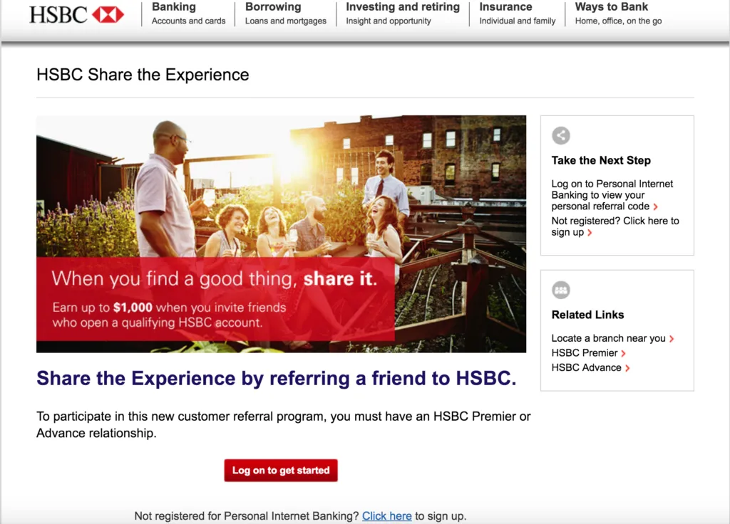 HSBC website section promoting "Share the Experience" referral program. Features an image of a man speaking with a group in a sunlit garden setting, with a tagline about sharing good experiences. Information about earning up to $1,000 for referrals and conditions listed. Side panel provides next steps for logging in and related banking links. Top navigation displays various banking services.