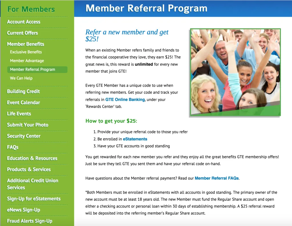 GTE banking website section focusing on "Member Referral Program". Left sidebar lists member services such as "Account Access", "Building Credit", and "Security Center". Central content promotes referring a new member for a $25 reward, accompanied by an image of a jubilant group of people raising their hands. Details on how to get the reward, requirements, and a note on referral payments are also provided.