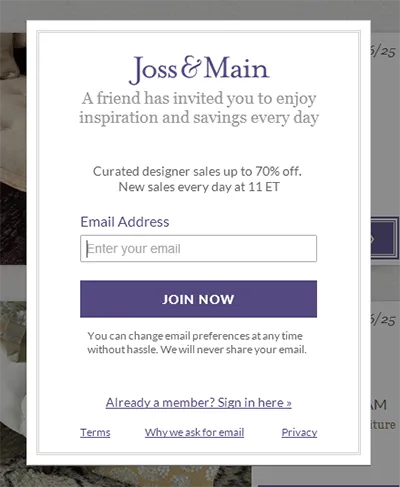Joss and Main popup call to action