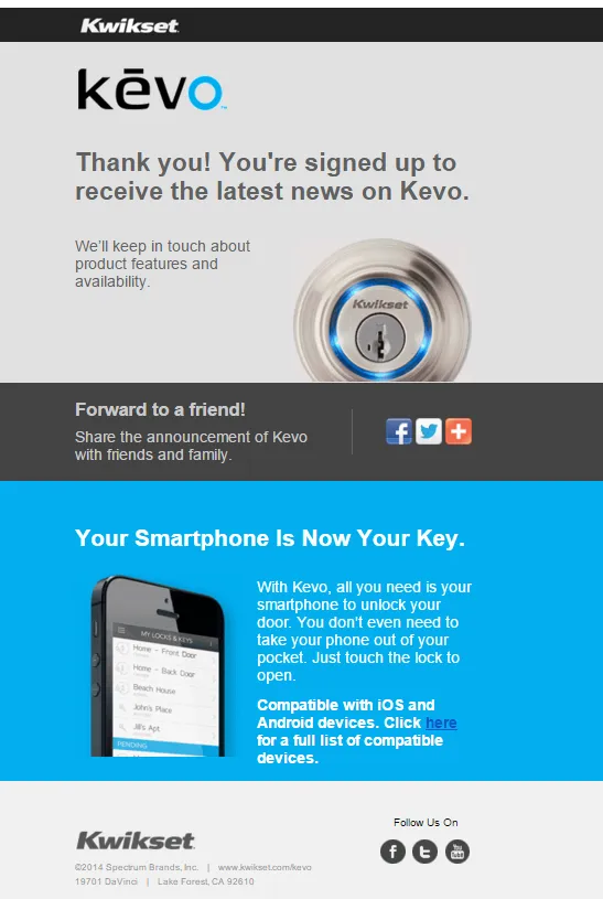 Kevo smart house welcome onboarding email marketing example