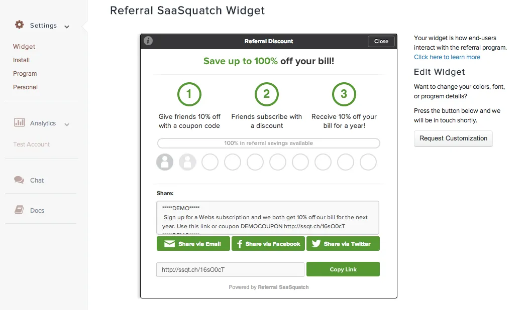 Live Referral SaaSquatch Widget Preview