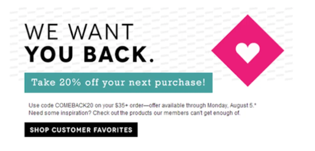 We want you back! image of screenshot of a 20% off coupon to regain a customer.