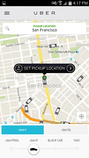 Screenshot of sample Uber's map interface. The pickup location which is San Francisco is being shown and the user is given the choice whether to avail of UberX or Uber XL. 