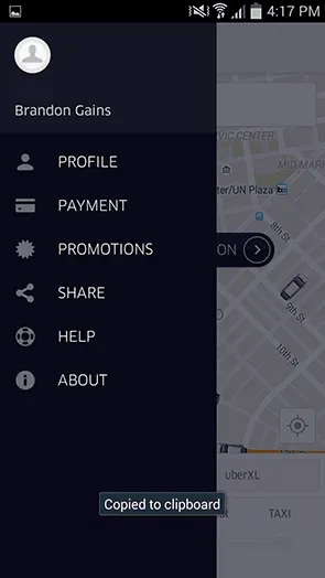 Uber's menu navigation includes tabs for Profile, Payment, Promotions, Share, Help and About. The button for Promotions is on. 