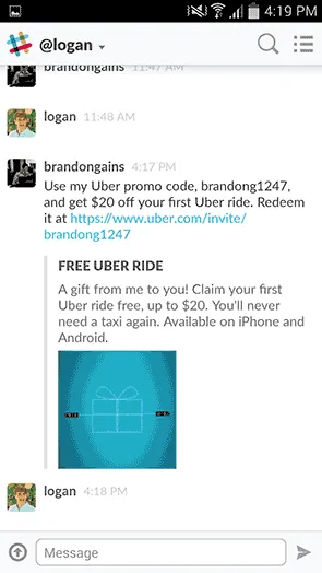 Slack messaging from Brandon Gains with the Uber promo code, for 20$ off for the first ride. A link on how to redeem it at is included.