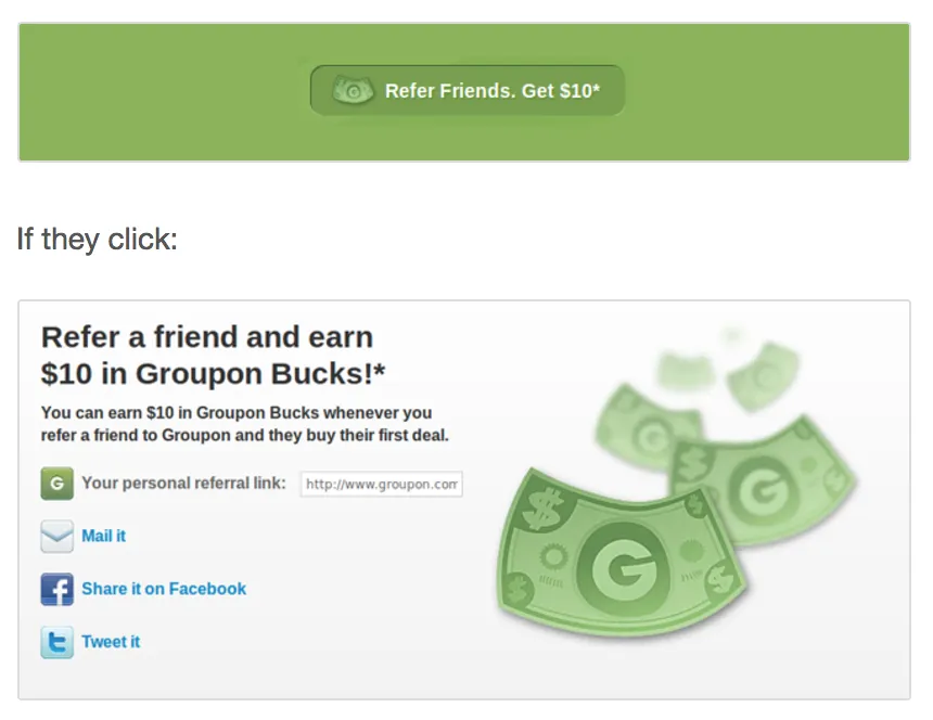 A digital referral promotion from Groupon. The top section features a green button with text "Refer Friends. Get $10*." Below, a detailed offer description reads, "Refer a friend and earn $10 in Groupon Bucks!* You can earn $10 in Groupon Bucks whenever you refer a friend to Groupon and they buy their first deal." Accompanying the text is an illustration of green Groupon currency notes with a dollar symbol and the letter 'G'. The bottom of the image presents options for users to share their personal referral link, with buttons labeled "Mail it," "Share it on Facebook," and "Tweet it."