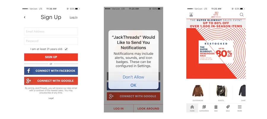 jackthreads fashion ecommerce mobile marketing personalization example 1