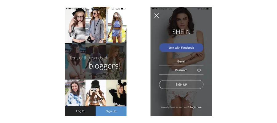 shein fashion ecommerce mobile marketing personalization example signup 2