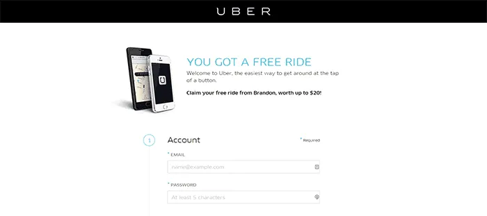 Uber's referral landing page for desktop. To claim the free ride, an email and password is required. 