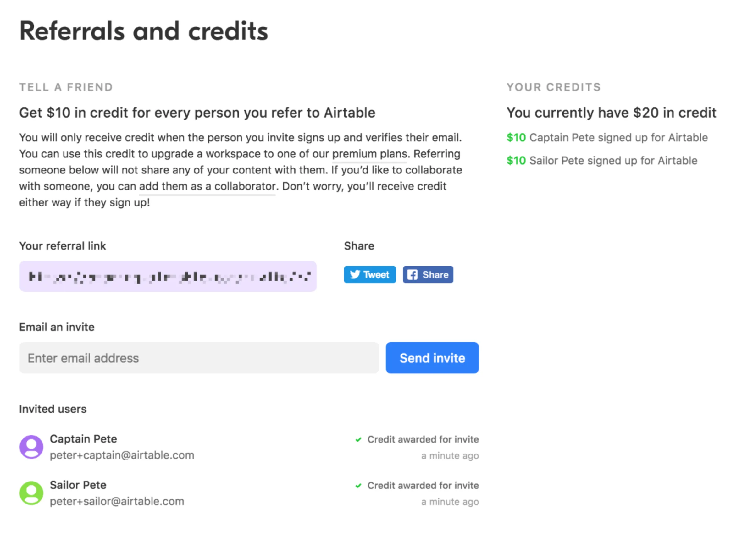 This is a screenshot of Airtable's referral landing page. The page has minimal visuals and mostly contains text. On the left side, there is a small paragraph explaining how users can earn $10 in credit for every person they refer to Airtable. There is also a section with a referral link and social media icons for Twitter and Facebook, which users can use to share the link with friends. Below this section, there is a form to send email invites, and below that, users can see the list of invited users. On the right side, users can see how many credits they have earned.