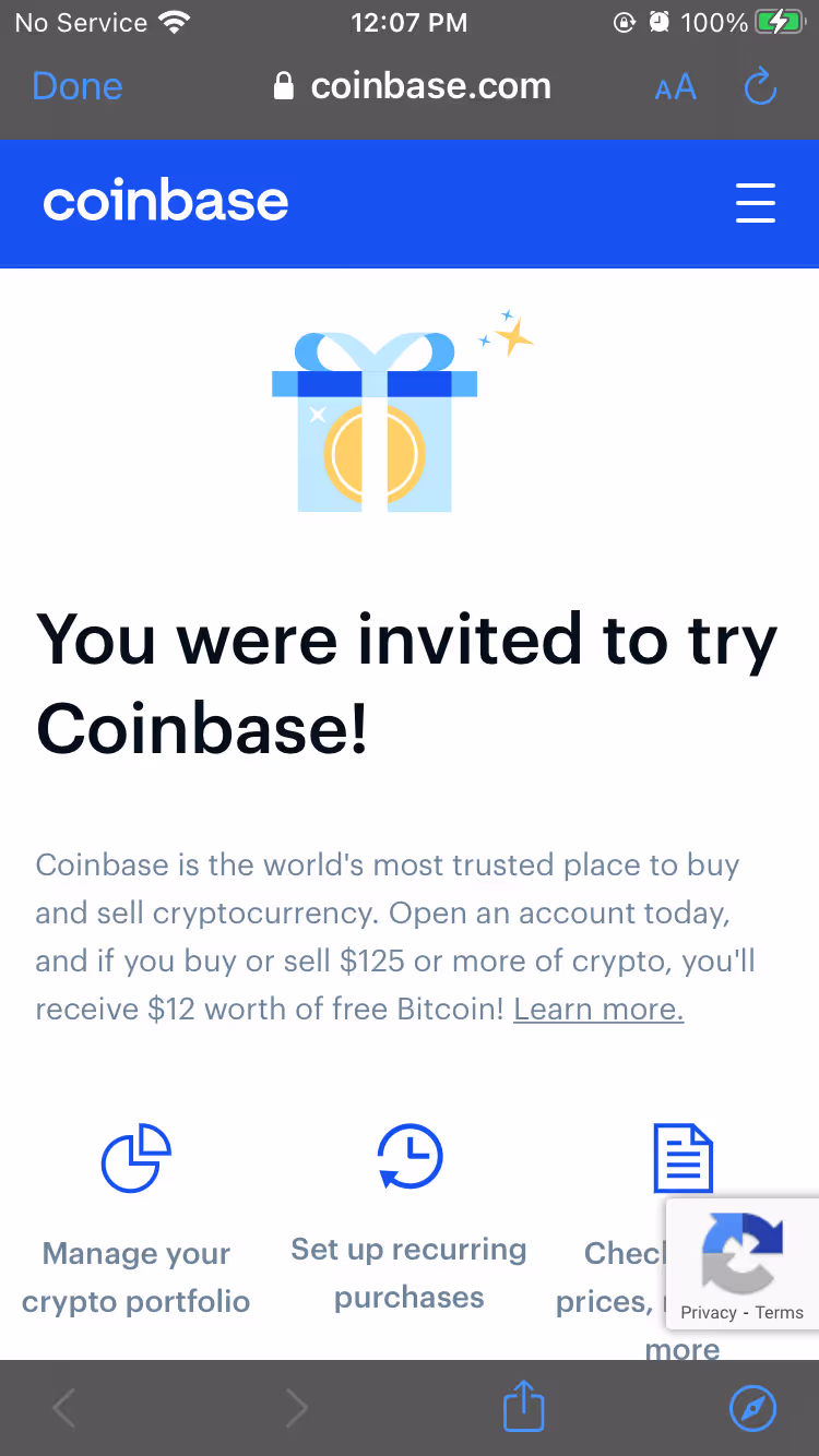The screenshot shows Coinbase's website with a gift icon that says "You were invited to try Coinbase" and subtext that explains how it works. Three icons are also visible: the first icon represents managing your crypto portfolio, the second one is for setting up recurrent purchases, and the third one is a blocked recaptcha icon.