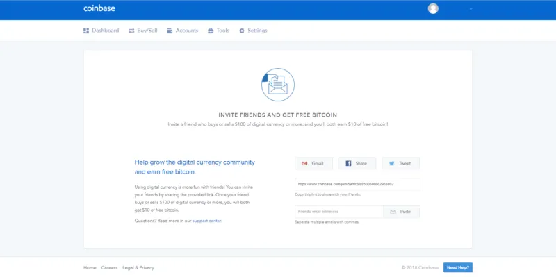 A screenshot from the Coinbase platform app showing an icon of an envelope with a blue outline and a hand taking a document out of the envelope. The icon is within a blue circle with the words "Invite friends and get free Bitcoin" underneath it. The subtext reads "Invite a friend who buys or sells $100 of digital currency or more and you will both earn $10 of free Bitcoin." On the left side, there is an explanation of how it works, and on the right side, there is a section to copy the referral link and send it via Gmail, Facebook, and Twitter to invite friends using the email function.