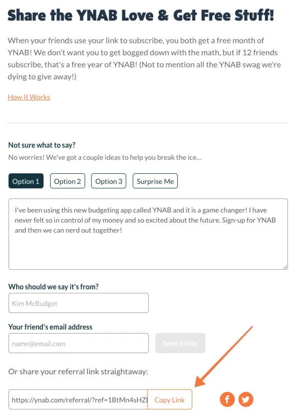 The selected text describes a section in YNAB where users can share an invite or referral link with a friend. The section includes fields for the user's name, their friend's email address, and a button to send the invite. Additionally, there is a section to share the referral link directly by copying it.