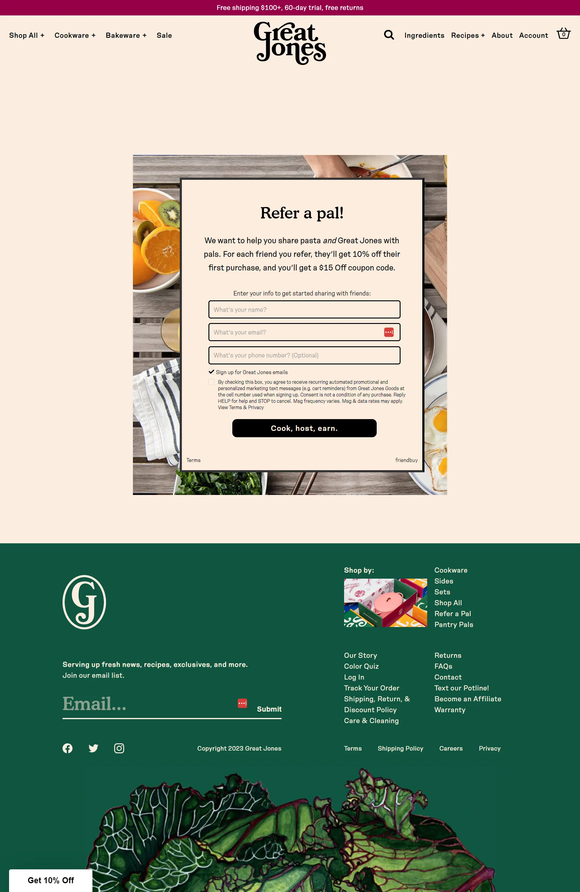 This is a screenshot of a Great Jones referral landing page. The page has a white and pink-orange background, and a small image of a table with food on it is visible. In the foreground, there is a text box that says "Refer a Pal!" with instructions on how the referral program works. The section where you can enter your name, email address, and phone number has a checkbox to sign up for their emails. The call-to-action button is labeled "Cook, Host, and Earn.”
