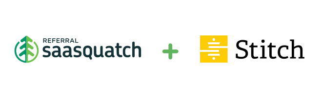 Green tree logo of Referral SaaSquatch with a green plus sign and the yellow needlework logo of Stitch 