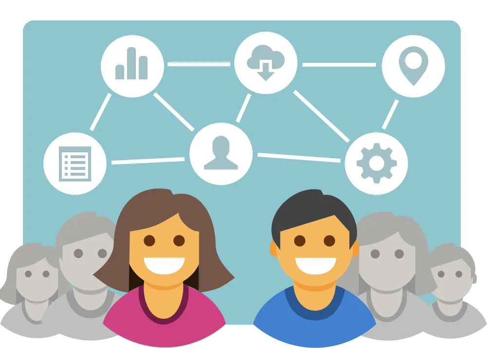 A cartoonish illustration of a diverse group of people. Some of them are greyed out and some of them are in full color and smiling. Above them is a network of different items including a geotag, table, profile icon, settings icon, analytics, and cloud icons, among others.