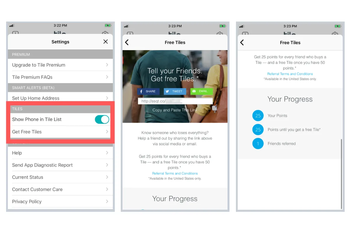 The image shows a Tile mobile app with three screenshots combined into one. The first screenshot shows the settings menu with a section labeled "Get Free Tiles." When clicked, the second screenshot appears, showing the referral landing page with a banner featuring two people and the text "Tell Your Friends, Get Free Tiles." The page includes social media share buttons for Facebook, Twitter, and email, as well as a section to copy and paste your referral link. Underneath, there is a section that explains how the referral program works. The third screenshot shows the progress and status of the referral program, including the number of points earned towards a free tile and the number of friends referred so far.
