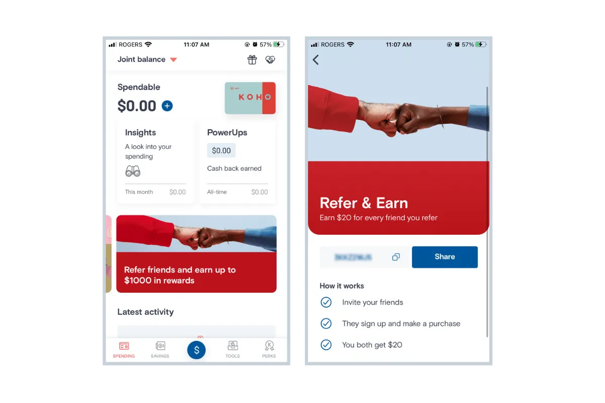 The first screenshot shows the KOHO mobile app, which has a banner that says "Refer friends and earn up to $1000 in rewards" with a red background. Two people, one with lighter skin wearing a red long sleeve shirt and the other with darker skin wearing a blue blouse and a silver bracelet, are shown doing a fist bump in front of the banner. Each step is divided by a check mark. The second screenshot shows an enlarged version of the banner with the text "Refer and earn $20 for every friend you refer" in white font with a red background. There is a section to copy the referral link and a section that explains how it works.