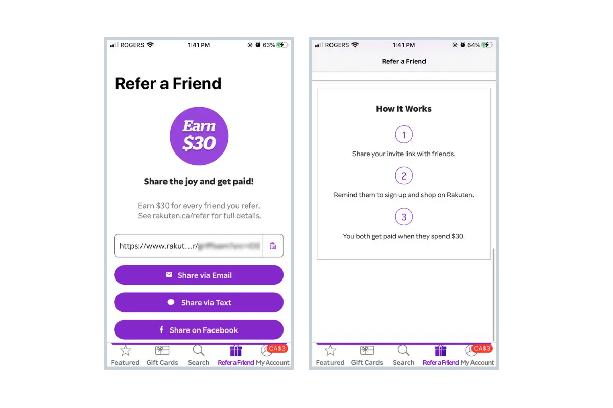 The screenshot shows a mobile phone interface with a referral program page. The page has a white background with a purple badge that says "Earn $30" in italicized white font. Underneath the badge, there is a section explaining how users can earn $30 for referring each parent. There is a section to copy the referral link, and a purple button to share via email, text, or Facebook. The interface also has sections labeled "Featured" with a star icon and "Gift Cards" with a gift card icon. There is a search bar and a "My Account" section icon. The interface is divided into five parts and currently on the "Refer Friend" page. The second screenshot is a visual representation of how the referral program works, divided into three steps. Each step is structured horizontally and labeled with a purple font and small purple circles. For example, the first step is labeled "Step 1" in purple font with small purple circles surrounding it, and the second step is labeled "Step 2" in the same manner.