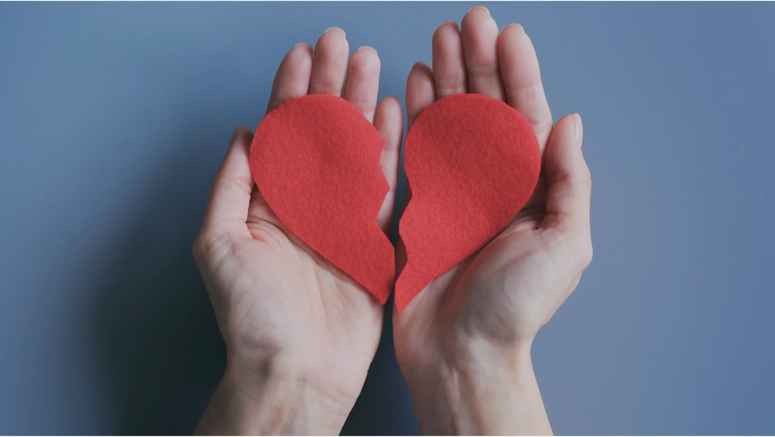 This is an illustration of a broken heart made of felt that is being held by a pair of hands. It symbolizes a negative experience or disappointment with the referral software industry.
