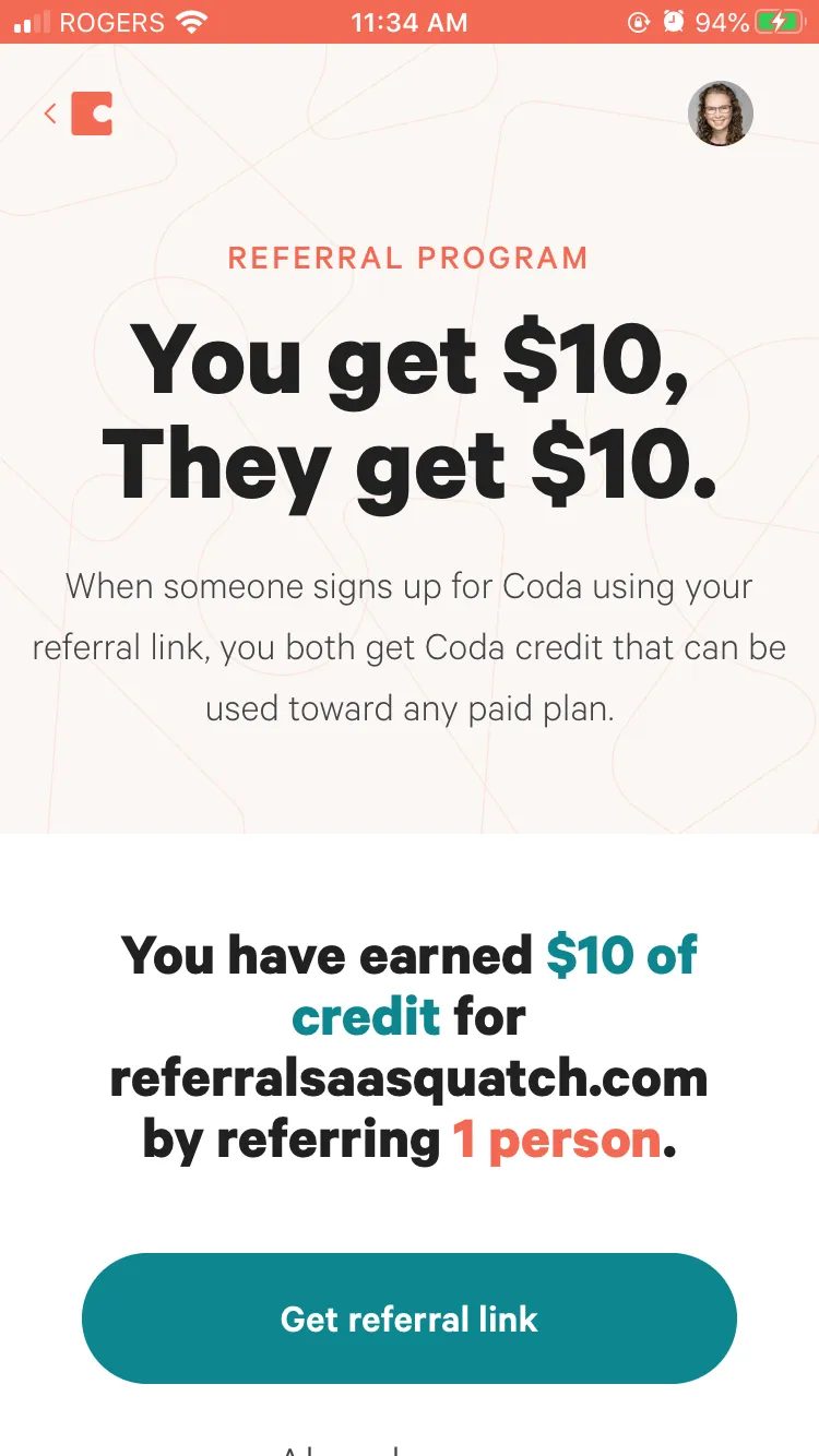 This is a phone screenshot of Coda's referral program landing page. The header section has a light magenta background with light red lines. The subheader explains the referral program in magenta text, and there is a call to action to get your referral link. The larger text in the title says "You Get $10, They Get $10," and the page explains how the program works.