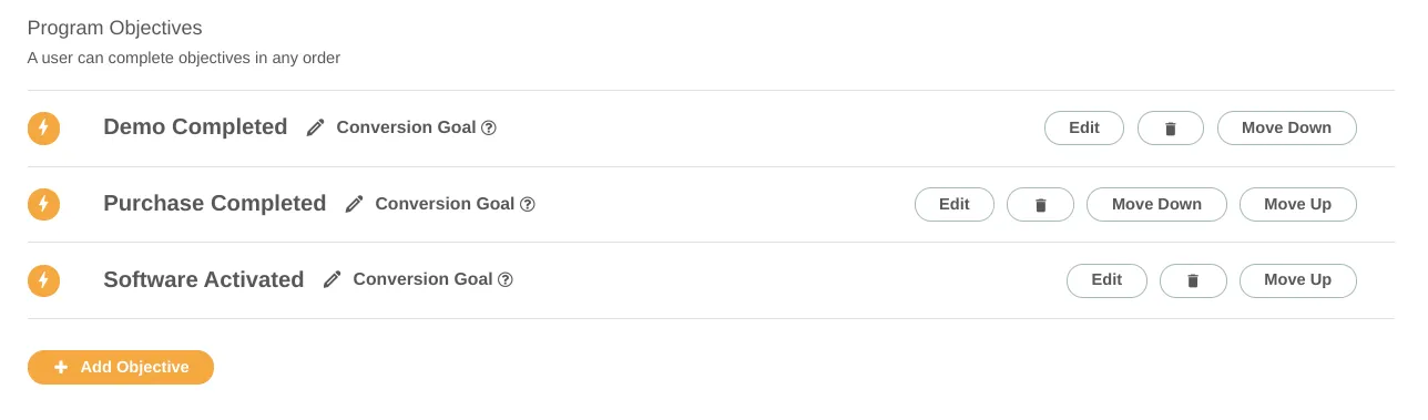 This is an interface screenshot of the SaaSquatch app's "Program Objectives" section. The section contains three objectives, which can be edited, deleted, moved up, or moved down. The first objective is "Demo Completed Purchase," the second is "Purchase Completed," and the third is "Software Activated." A subtext below the section title states that a user can complete the objectives in any order. There is an orange button with a white plus sign and white text that says "Add Objective.”