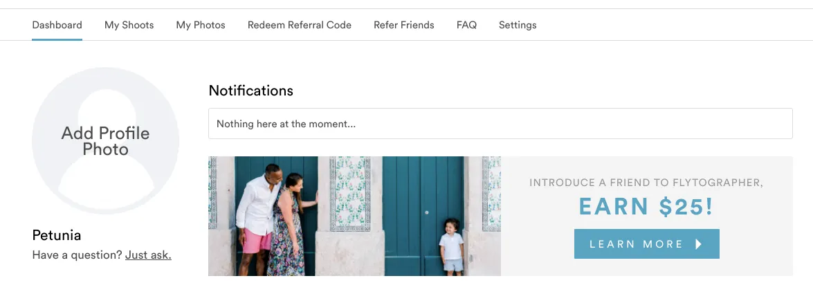 Flytographer uses in app banners to promote their referral program on the users dashboard