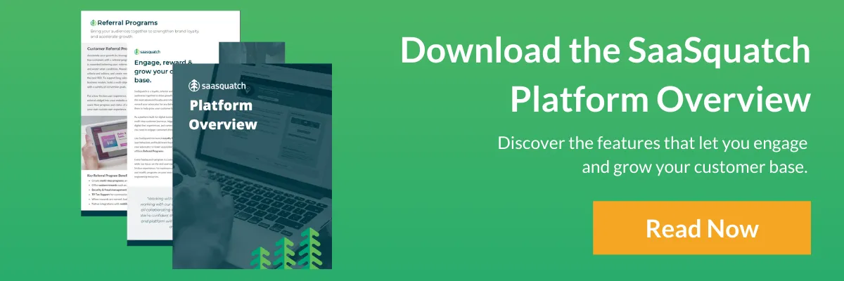 The SaaSquatch platform overview document features a light green background. The left side displays a screenshot of three different pages of the document, while the right side shows the title "Download the SaaSquatch Platform Overview" in large font, with subtext that reads "Discover the features that let you engage and grow your customer base." An orange button with yellow text that says "Read Now" is also visible.