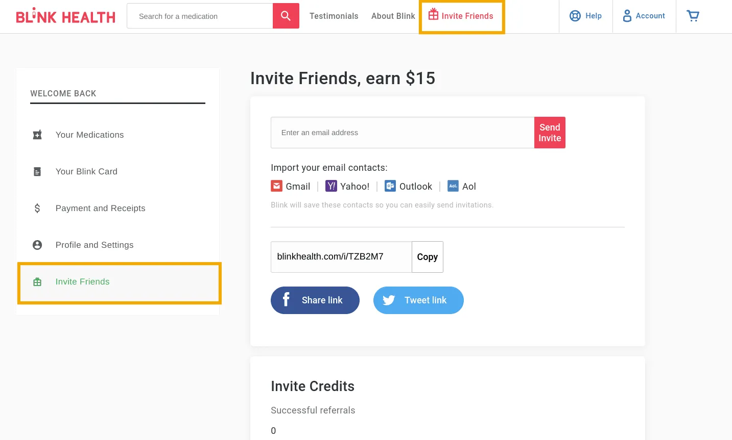 Blink Health promotes their referral program in their primary and secondary navigation