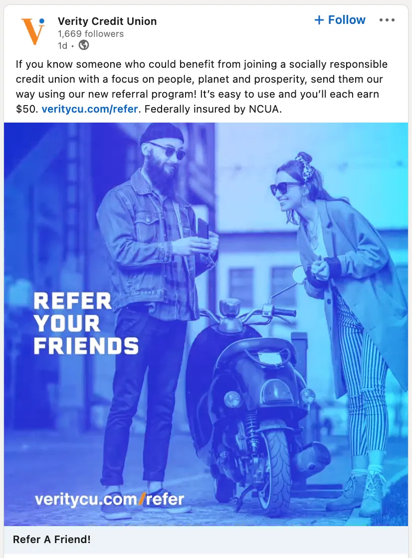 Verity Credit Union promoted their referral program on Social Media