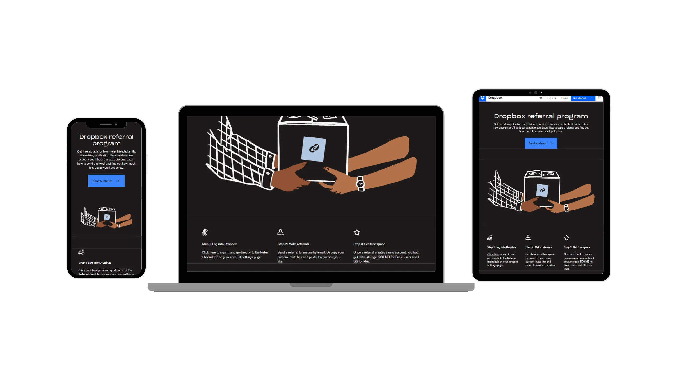 phone, laptop, and tablet view of the Dropbox referral landing page