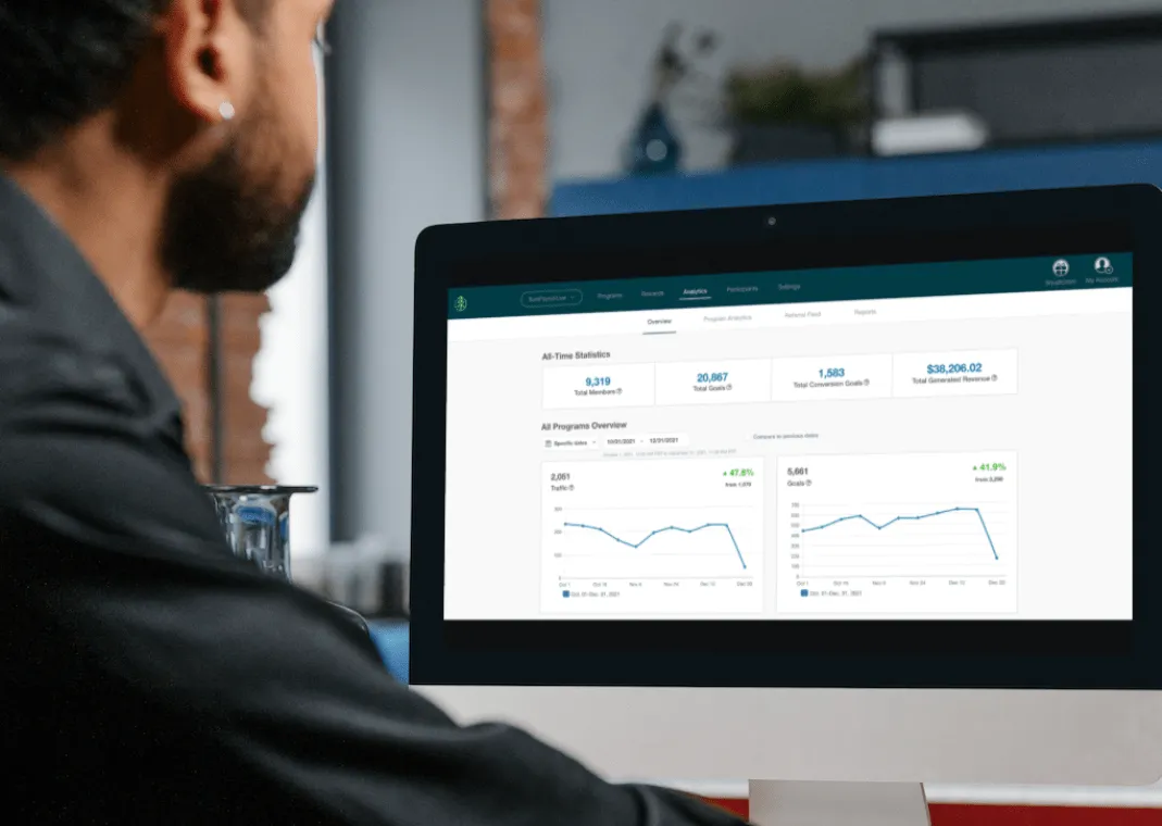 Man working at his computer looking at the saasquatch analytics dashboard for his referral program