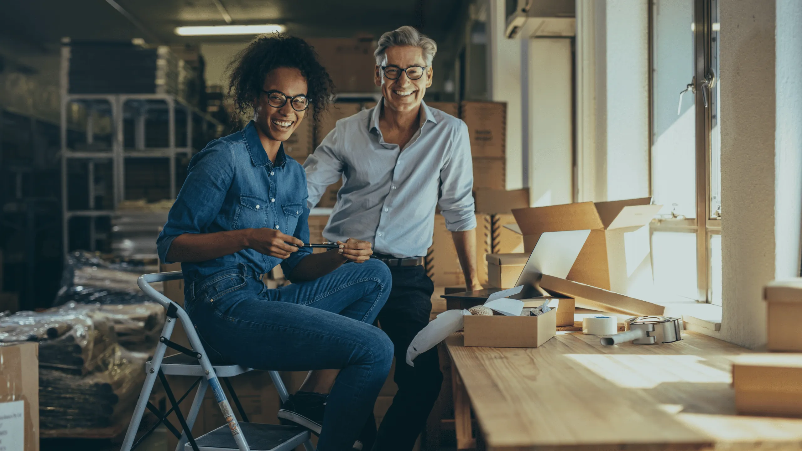 A man and a woman are sitting in a warehouse, smiling at the camera. Behind them, there are various types of supplies, including boxes, tape, and packaging materials.